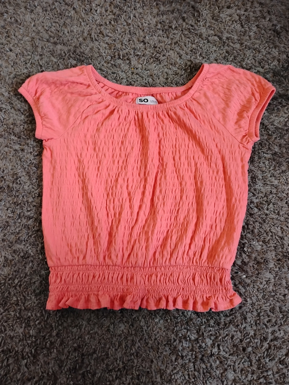 SO Coral Short Sleeve Smocked Waist Ruffle Top